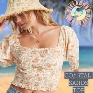 BILLABONG Coastal Sands Smocked Cropped Puff Sleeve Floral Print Cotton Top